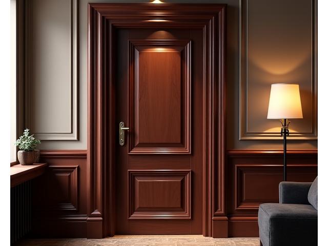 Classic wooden door in a warm finish with intricate details